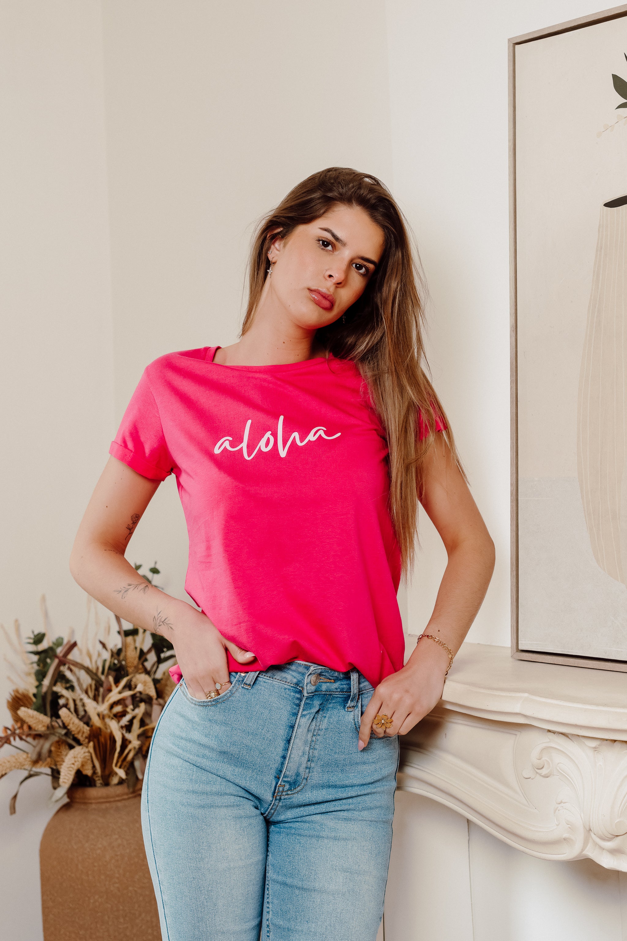 ALOHA fuchsiafarbenes T-Shirt