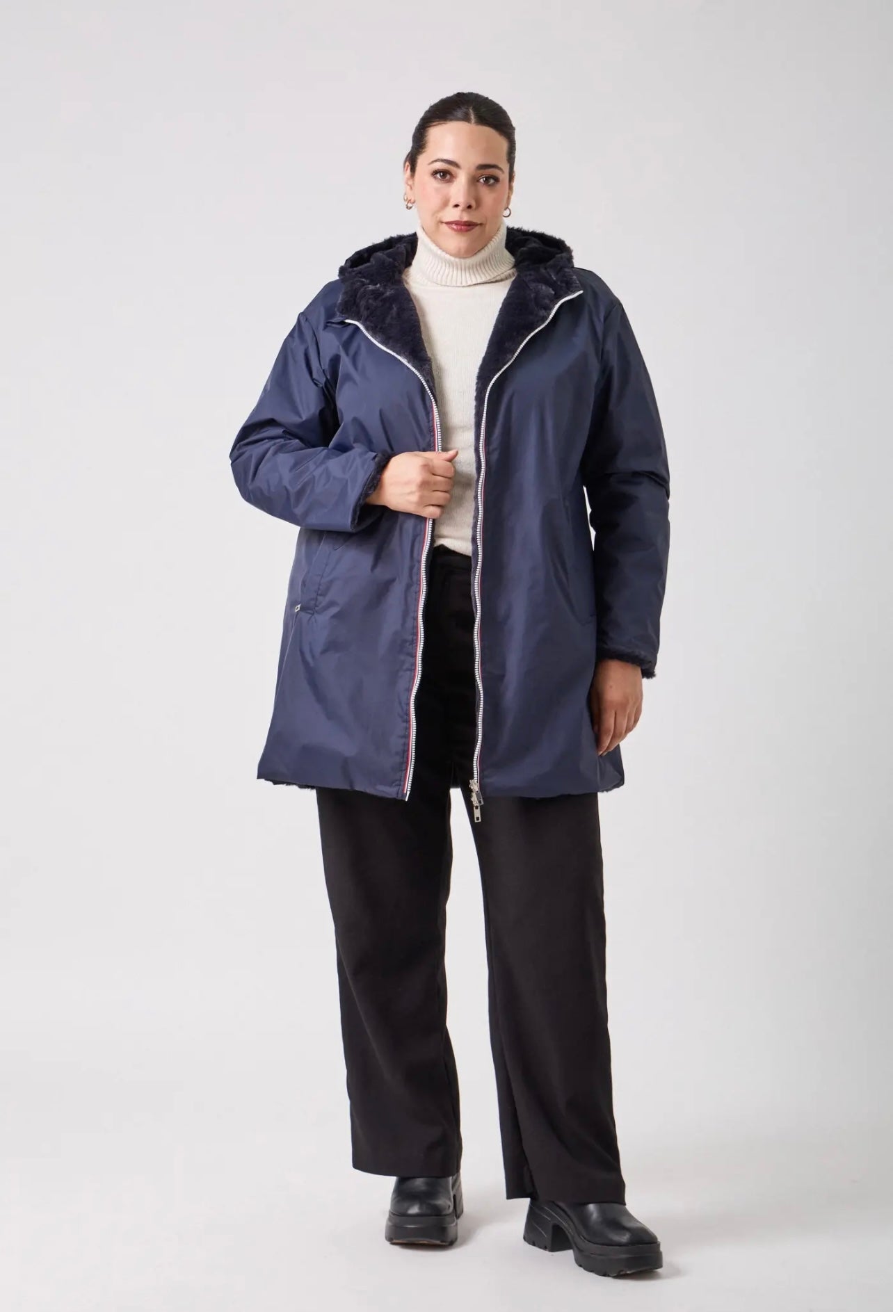 Parka HAPPY SIZE réversible longue fourrée LYNDA bleu marine