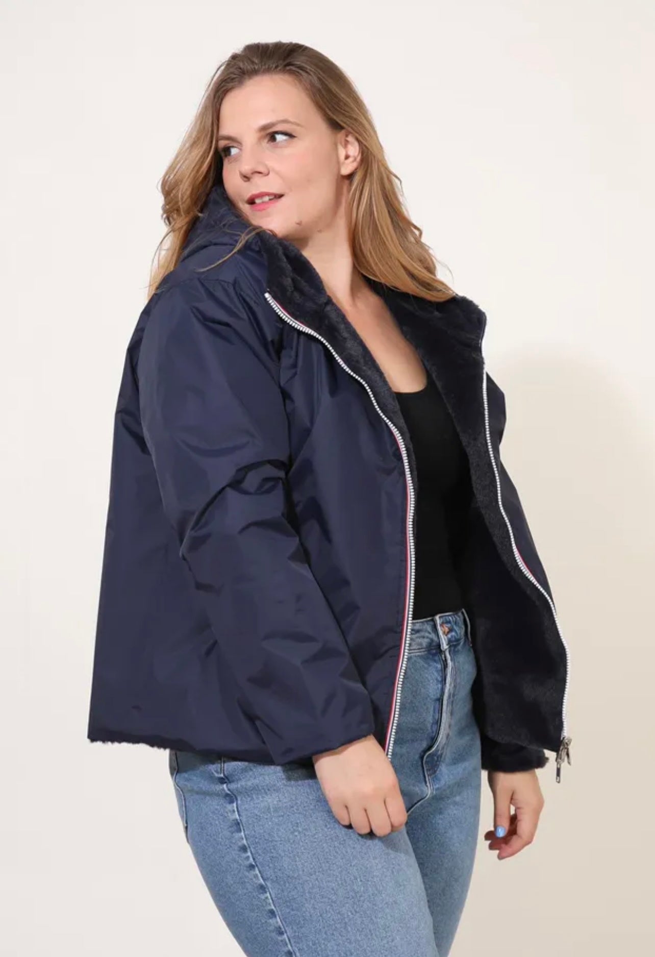 Parka HAPPY SIZE réversible courte fourrée LYNDA bleu marine