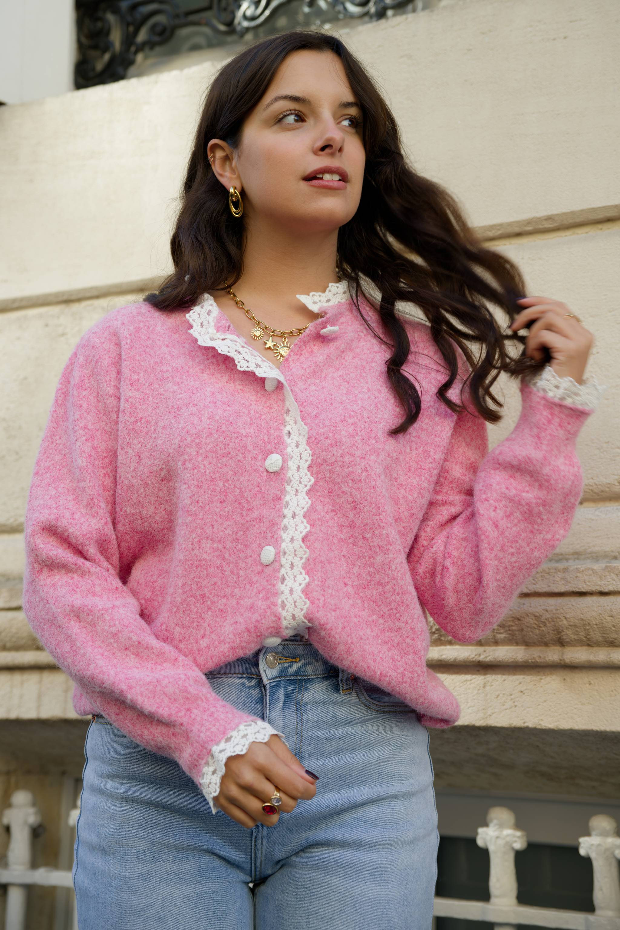 Pull / gilet LOUANE rose avec dentelle