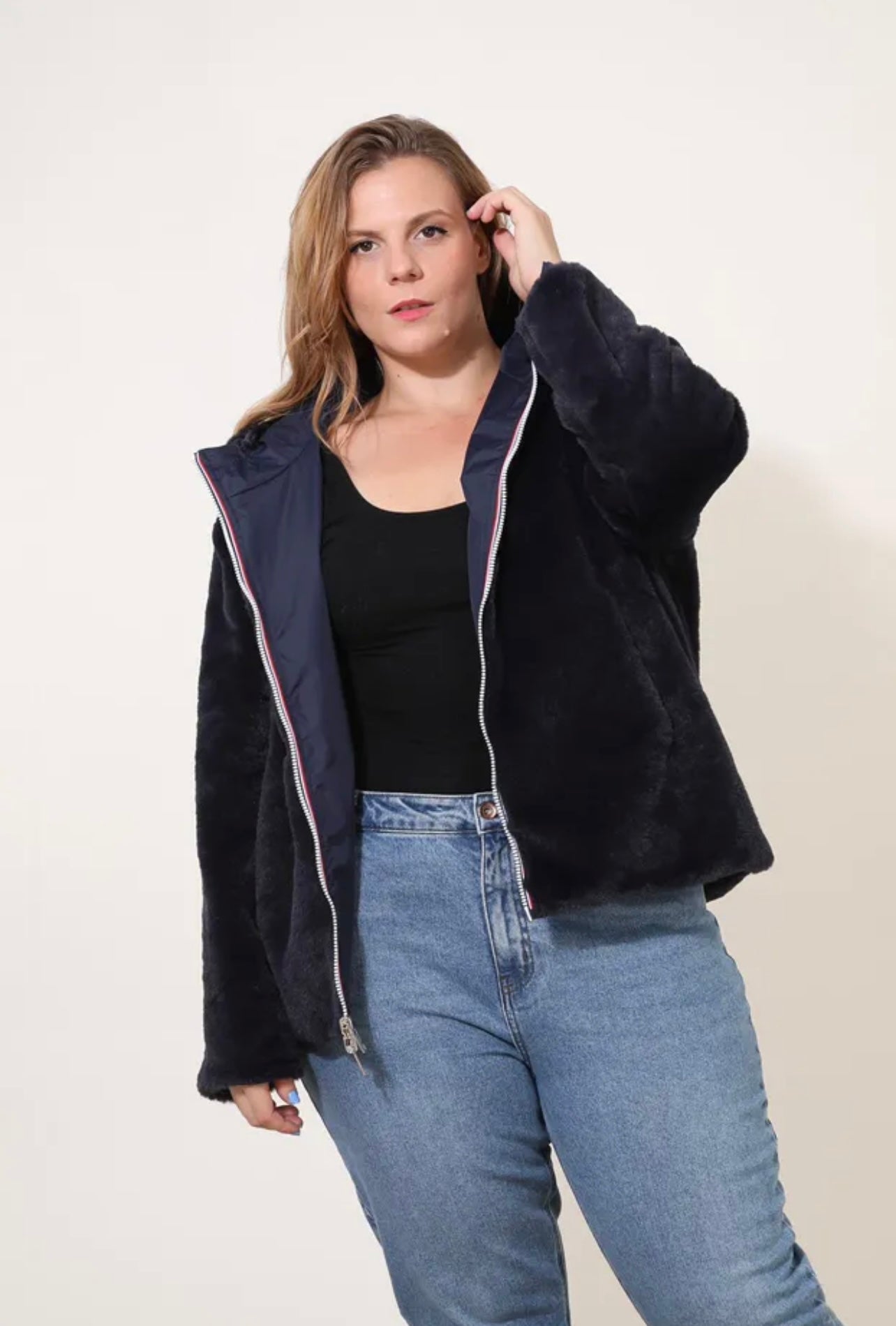 Parka HAPPY SIZE réversible courte fourrée LYNDA bleu marine