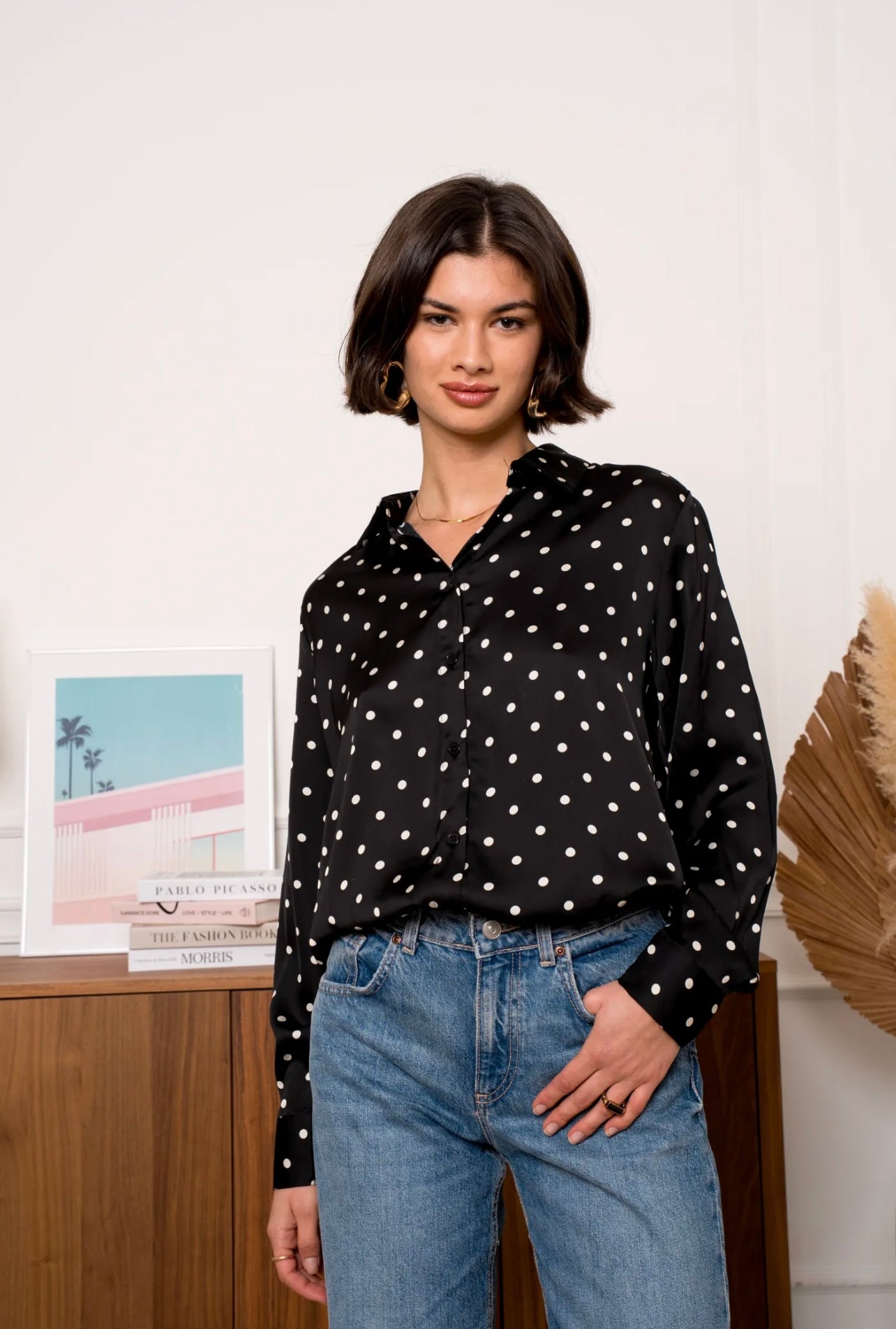 Chemisier à pois YOLAN noir et blanc