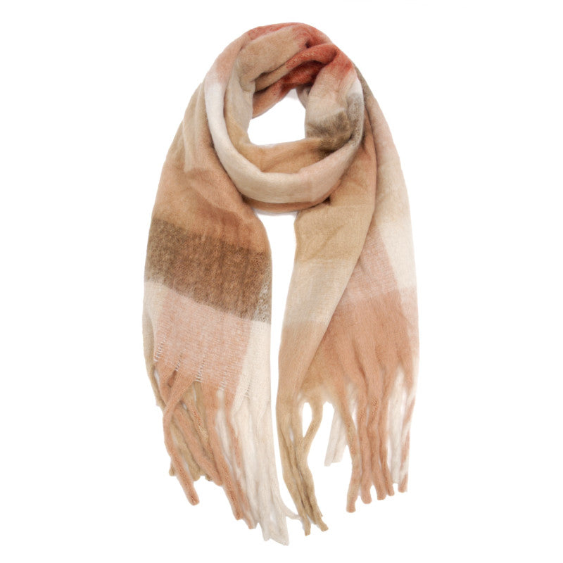 Echarpe à carreaux terracotta beige taupe avec franges