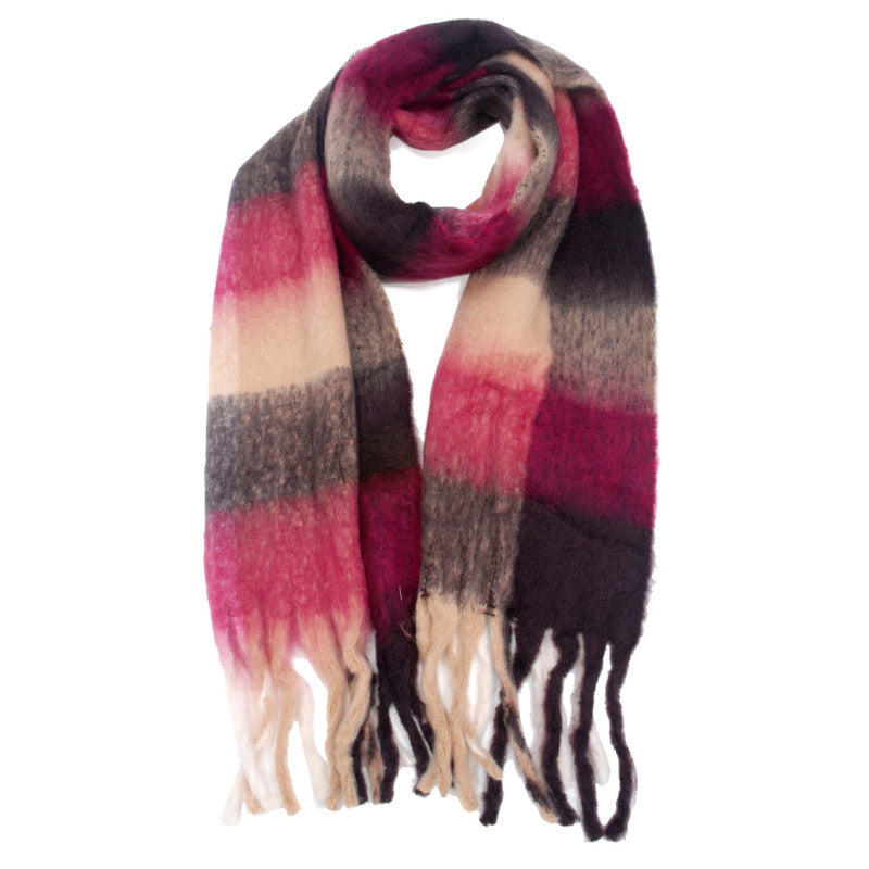 Echarpe à carreaux bordeaux rose et beige avec franges
