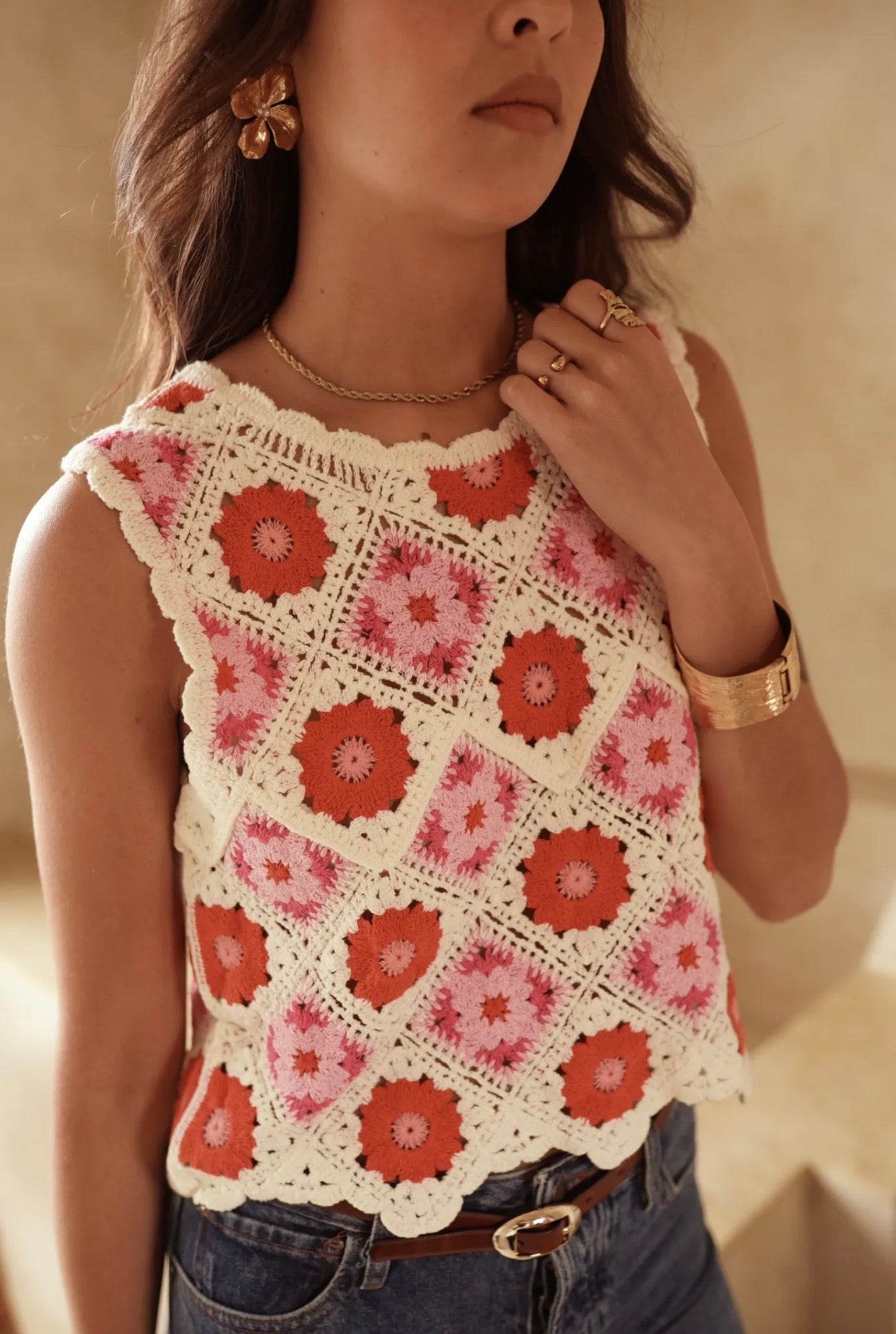 Top en crochet MIRA rouge et rose