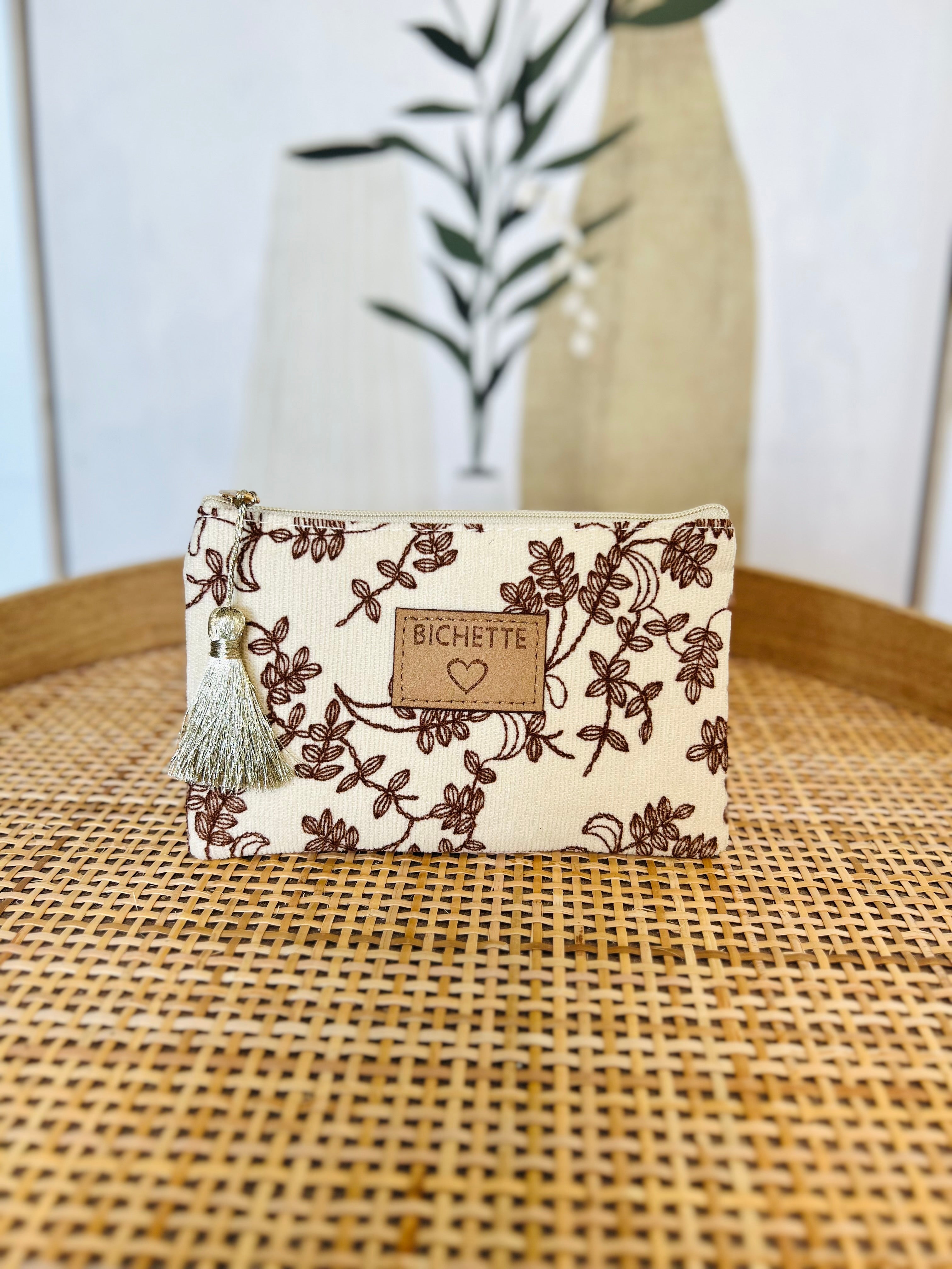 Pochette BICHETTE velours beige broderie marron