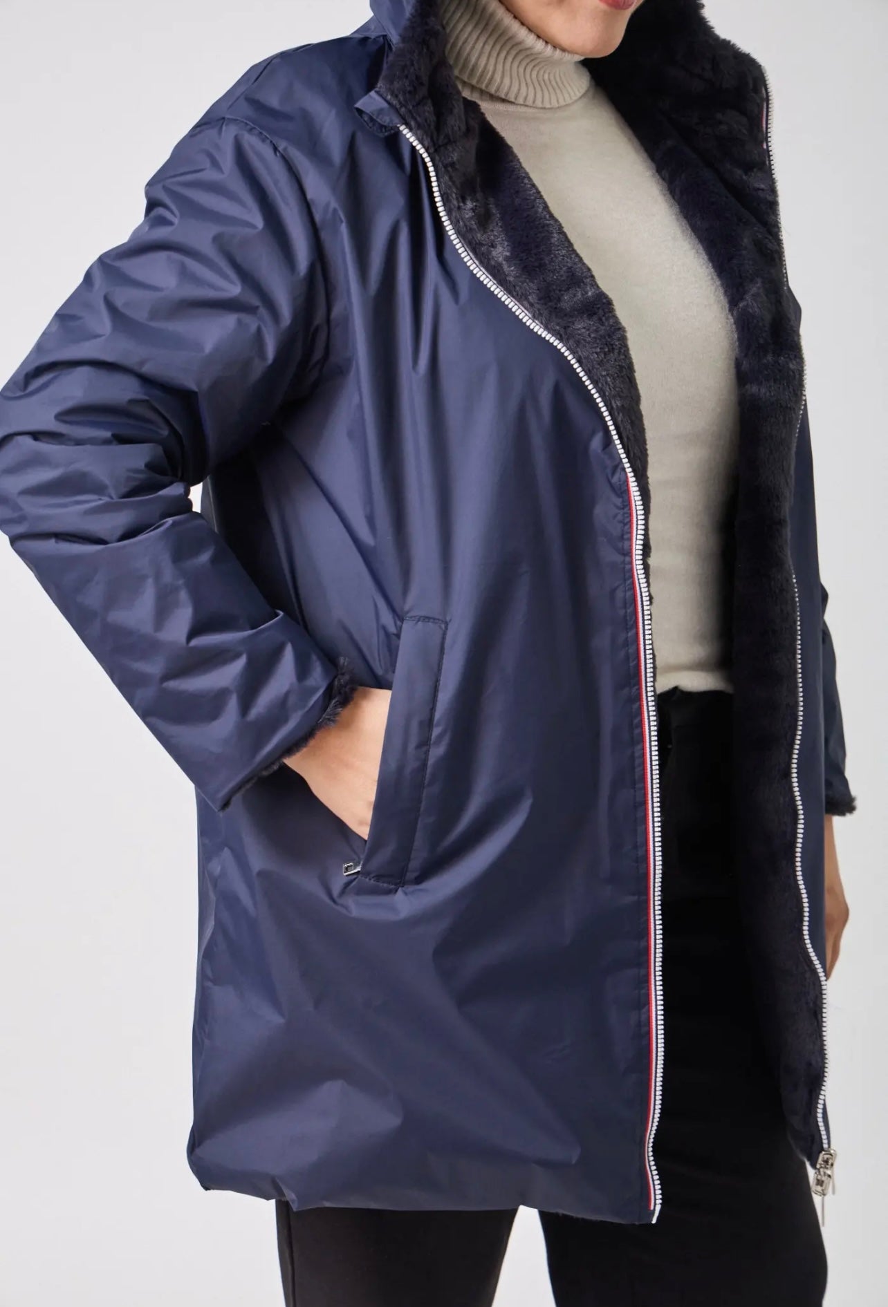 Parka HAPPY SIZE réversible longue fourrée LYNDA bleu marine