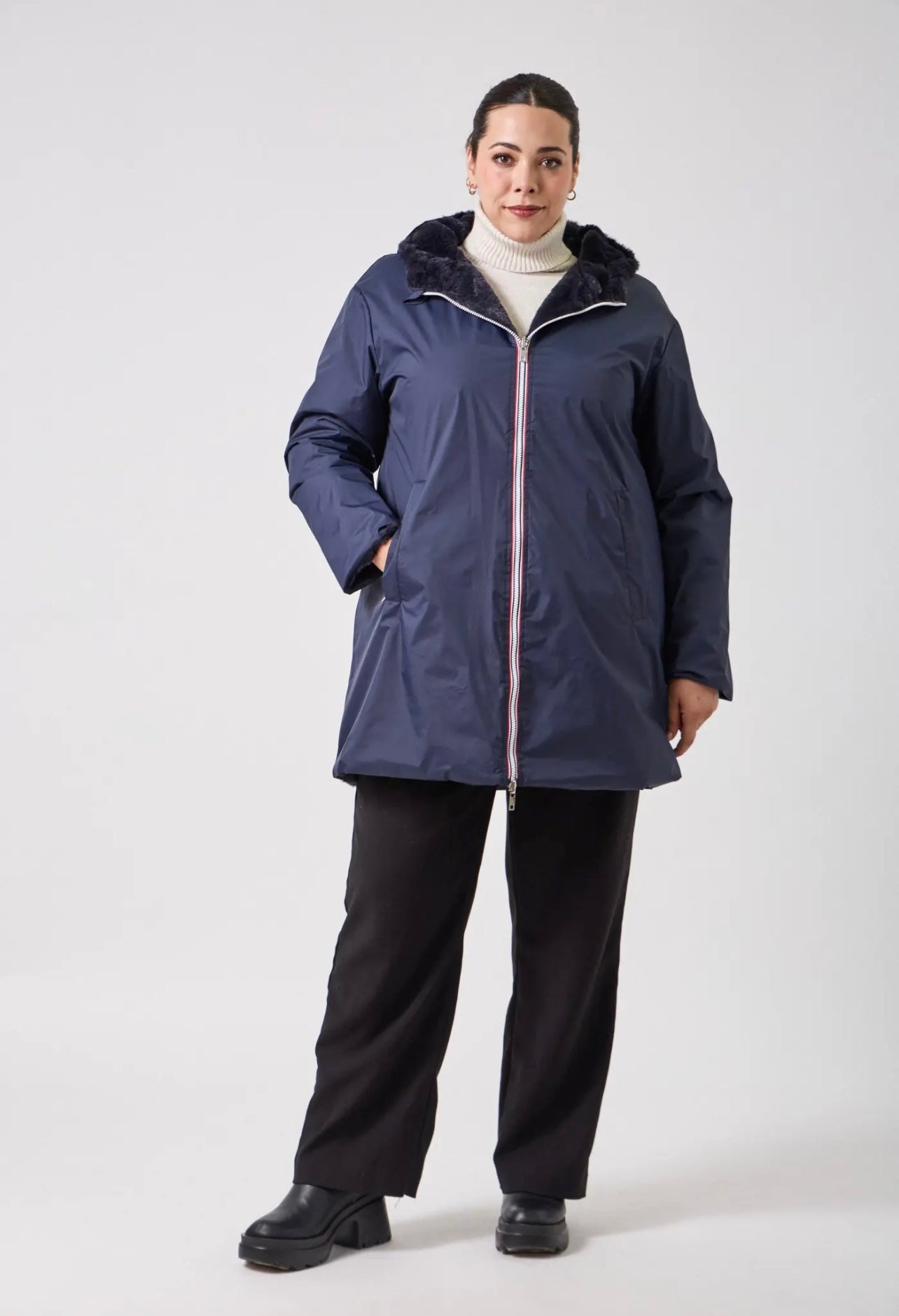 Parka HAPPY SIZE réversible longue fourrée LYNDA bleu marine