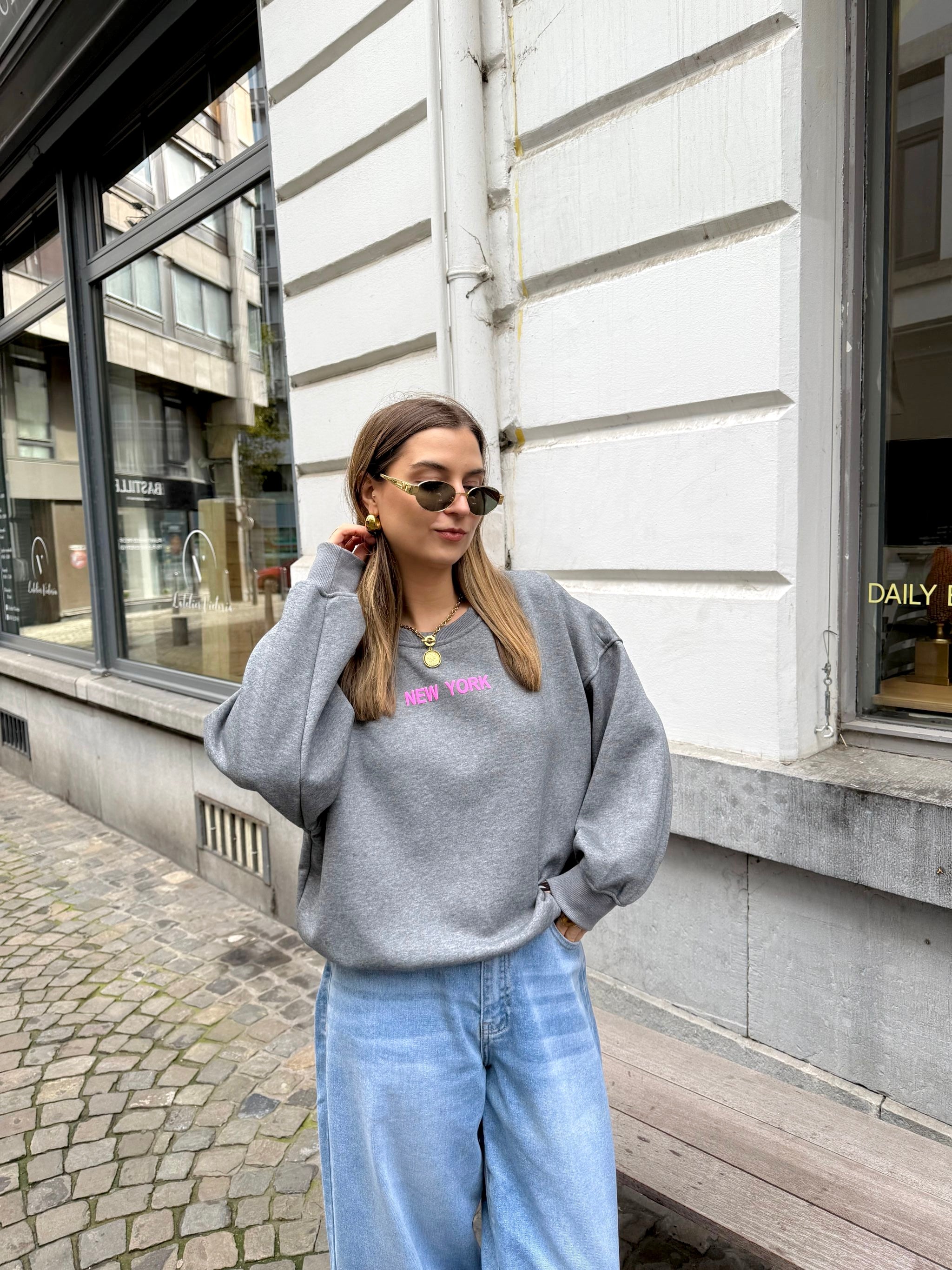 Sweat NEW YORK gris intérieur velours