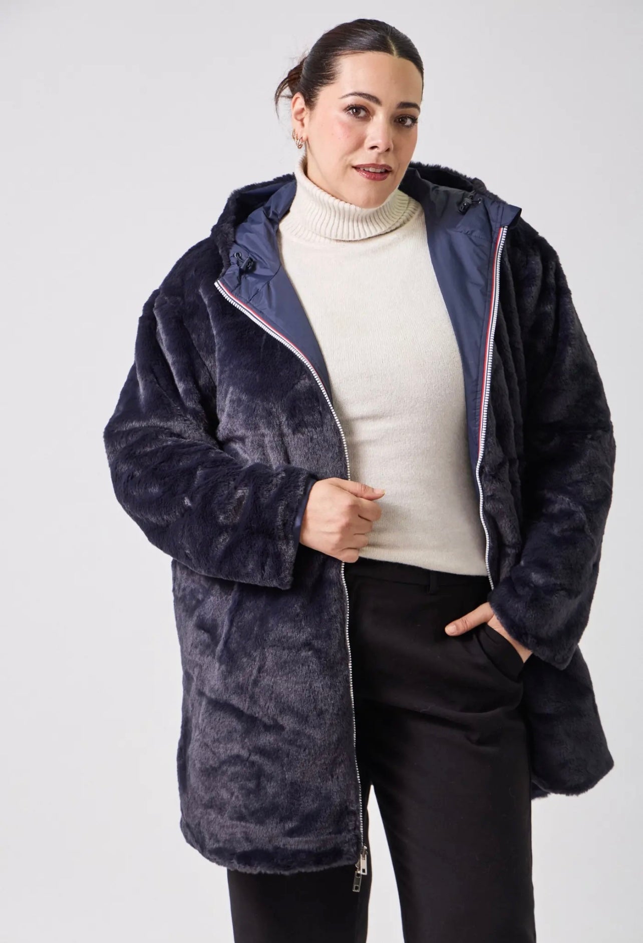 Parka HAPPY SIZE réversible longue fourrée LYNDA bleu marine