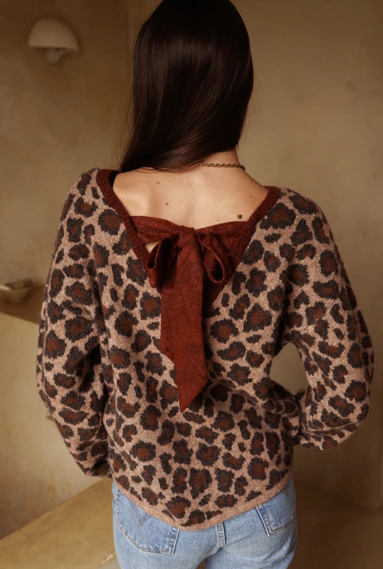 Pull ROMY léopard et noeud bordeaux