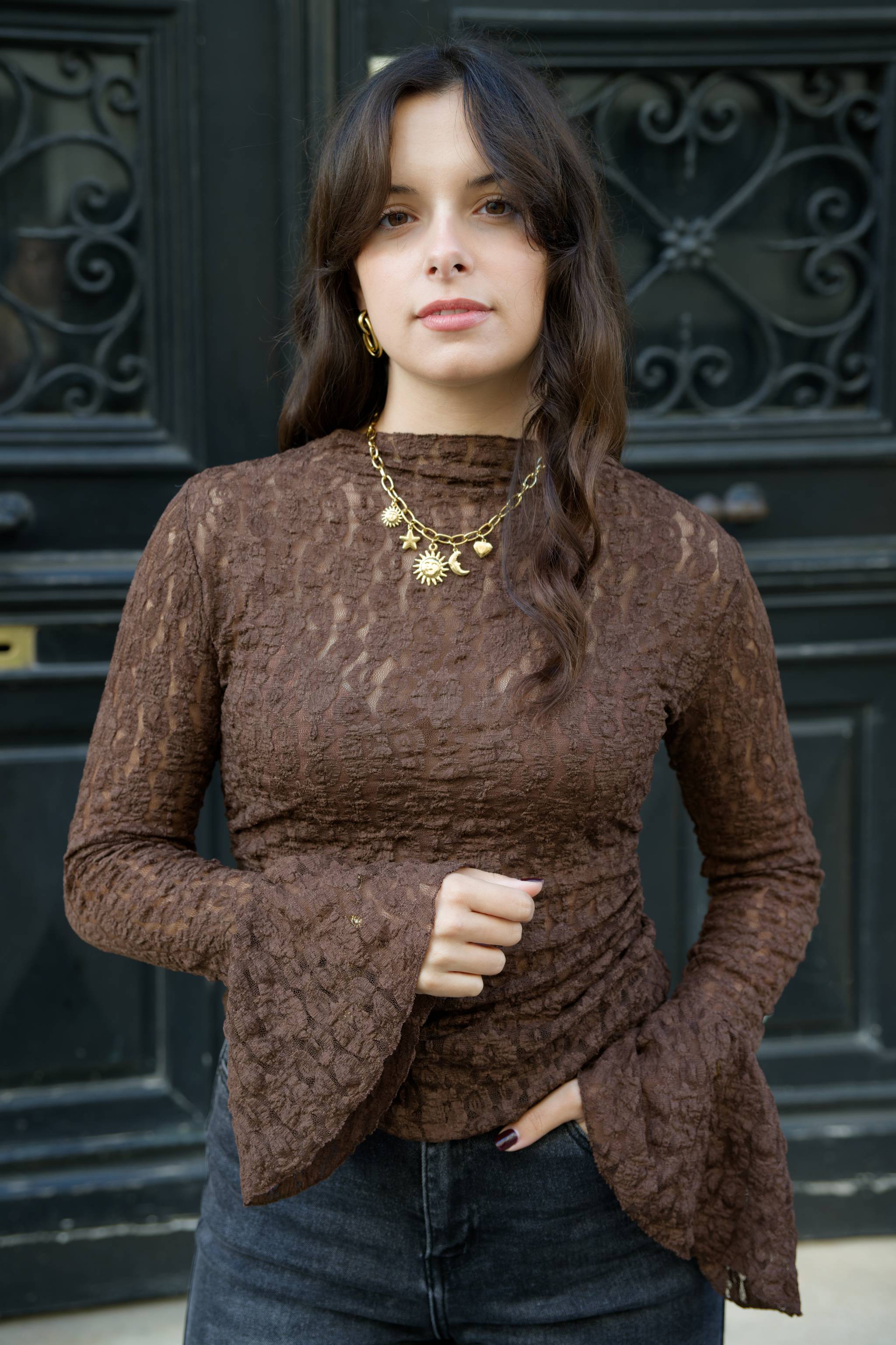 Blouse en dentelle ALBA marron chocolat