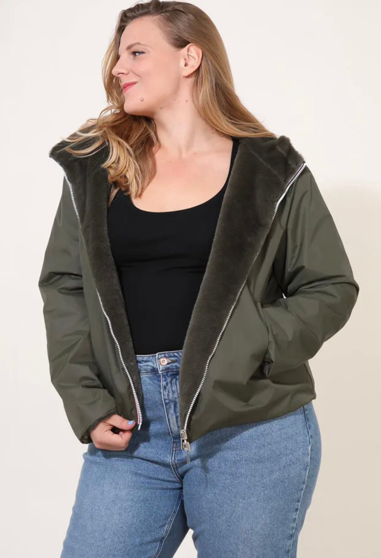 Parka HAPPY SIZE réversible courte fourrée LYNDA kaki