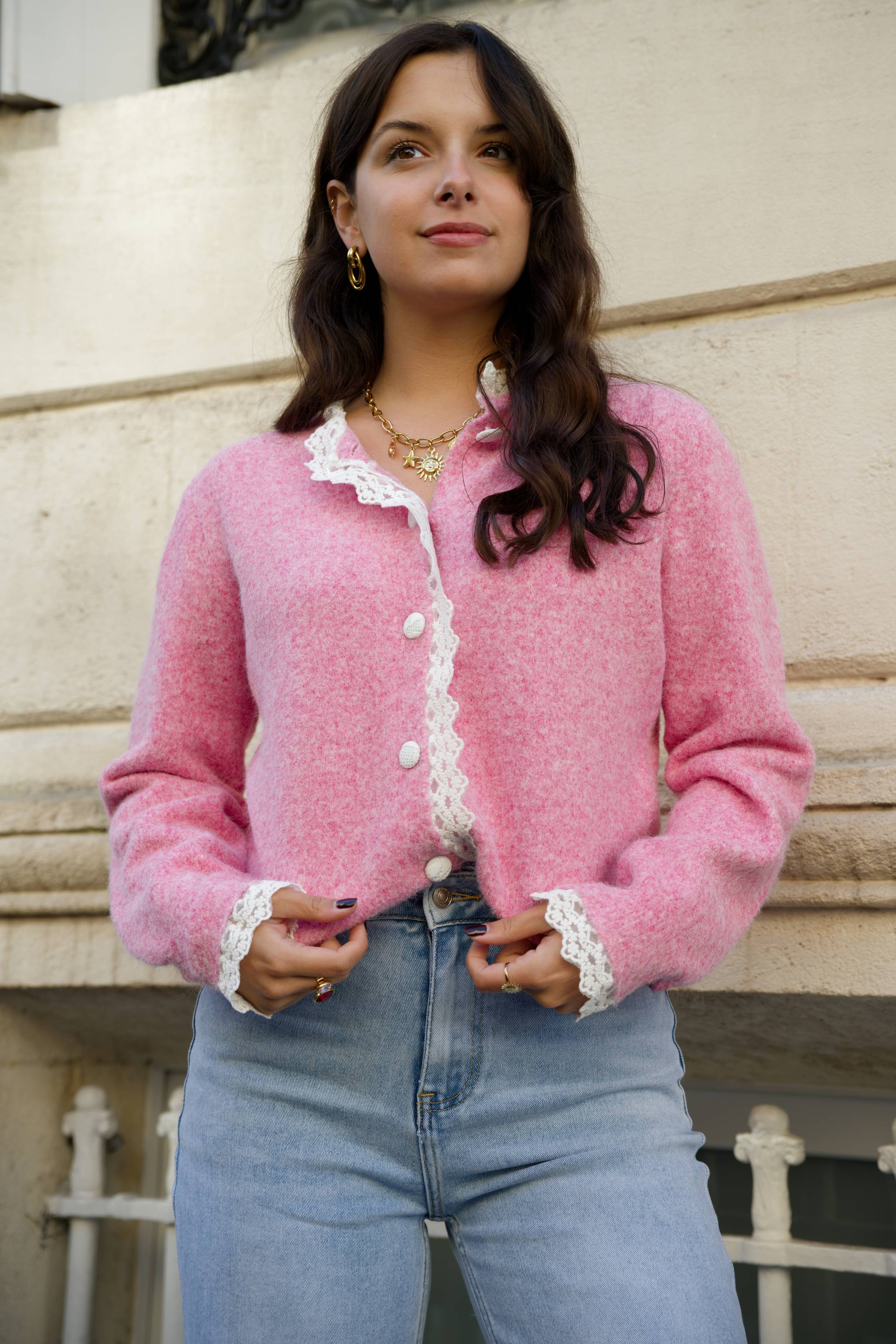 Pull / gilet LOUANE rose avec dentelle