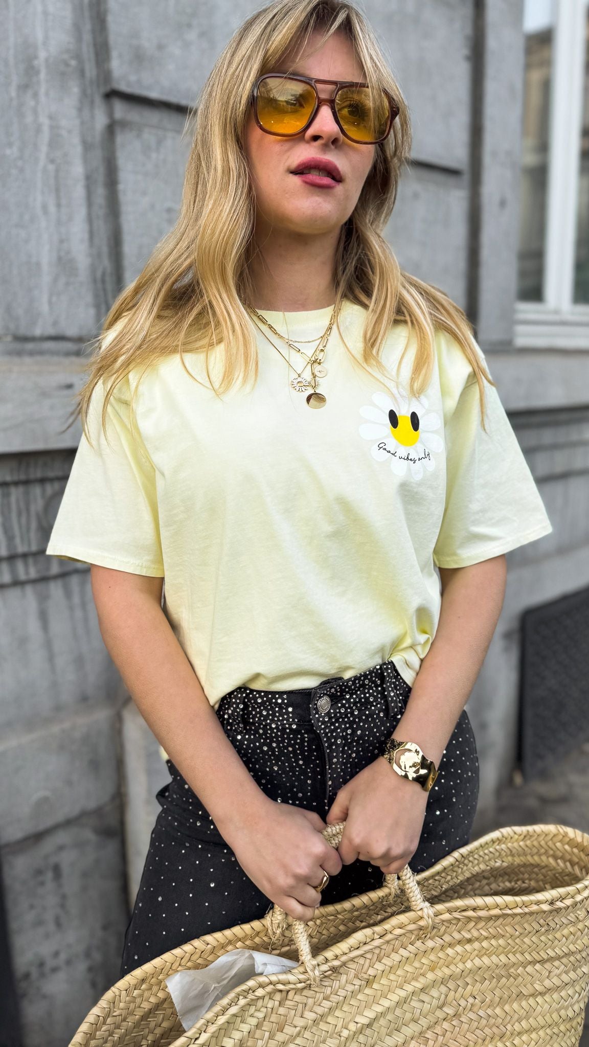Tee-shirt Good vibes only marguerite jaune