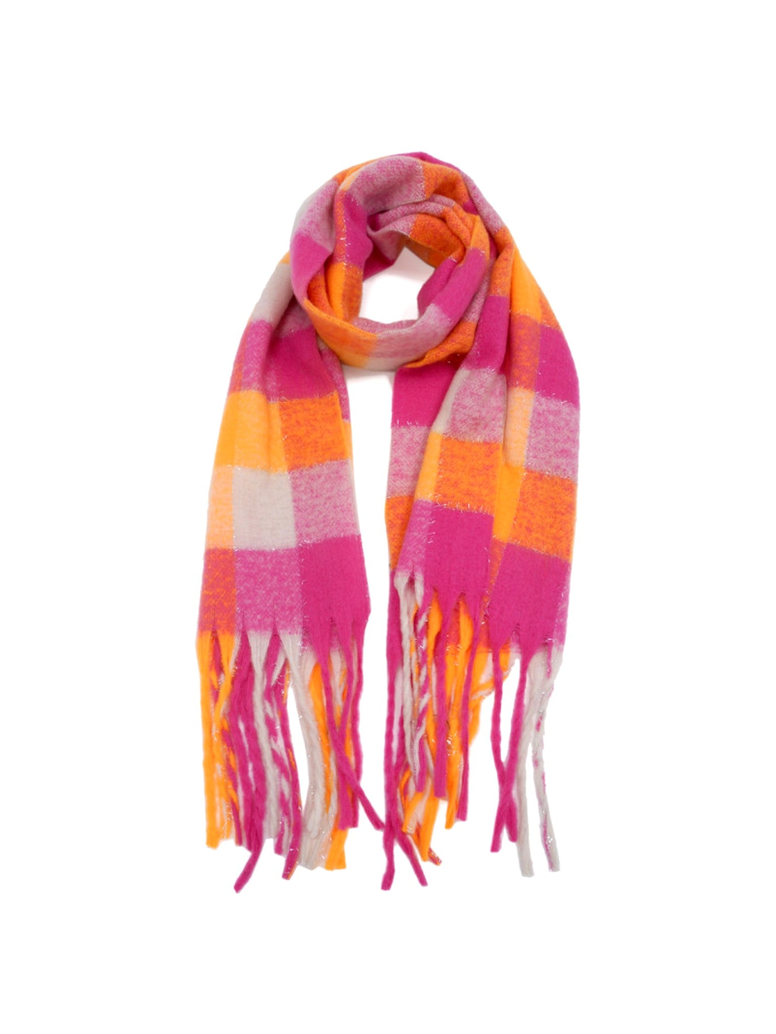 Écharpe à carreaux rose fuchsia orange et lurex argenté