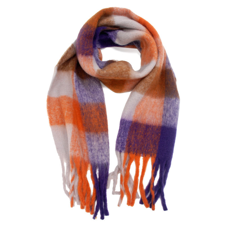 Echarpe à carreaux violet et orange avec franges