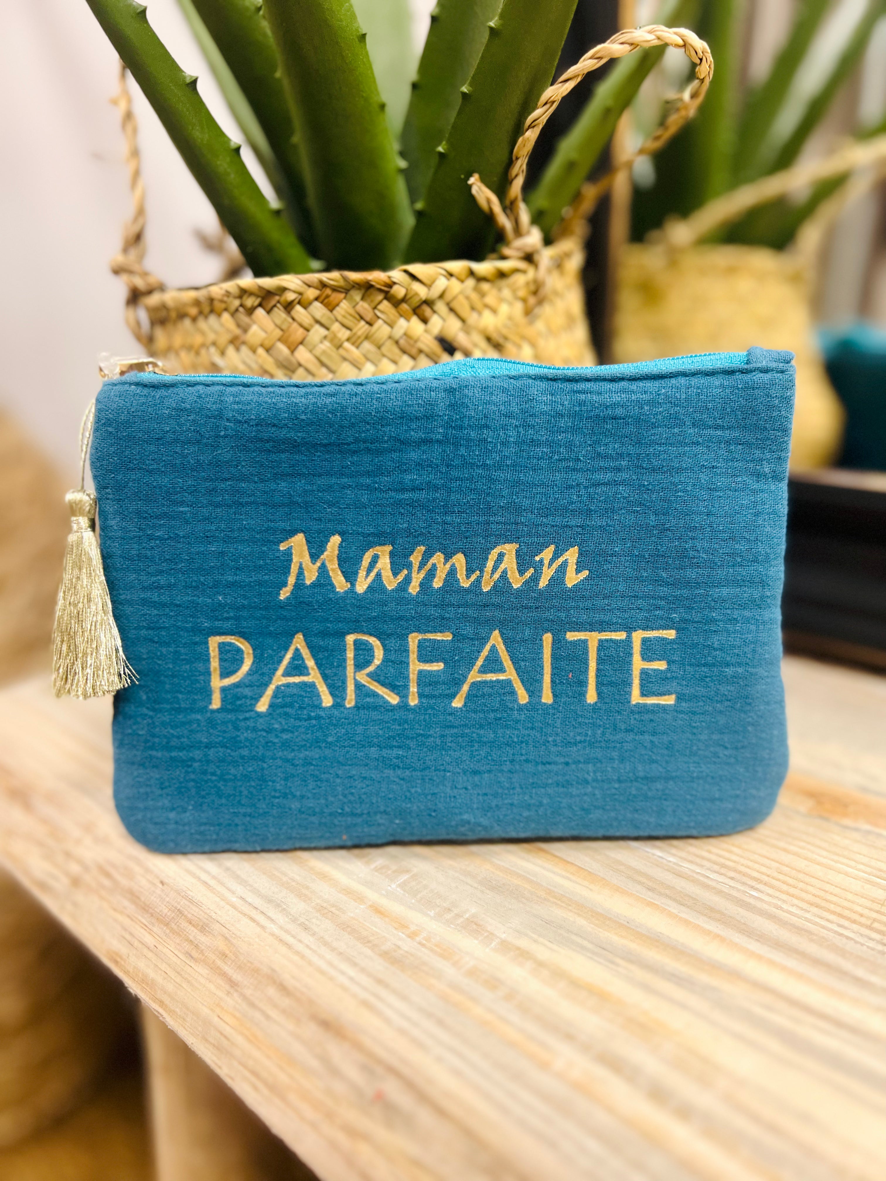 Pochette MAMAN PARFAITE bleu canard